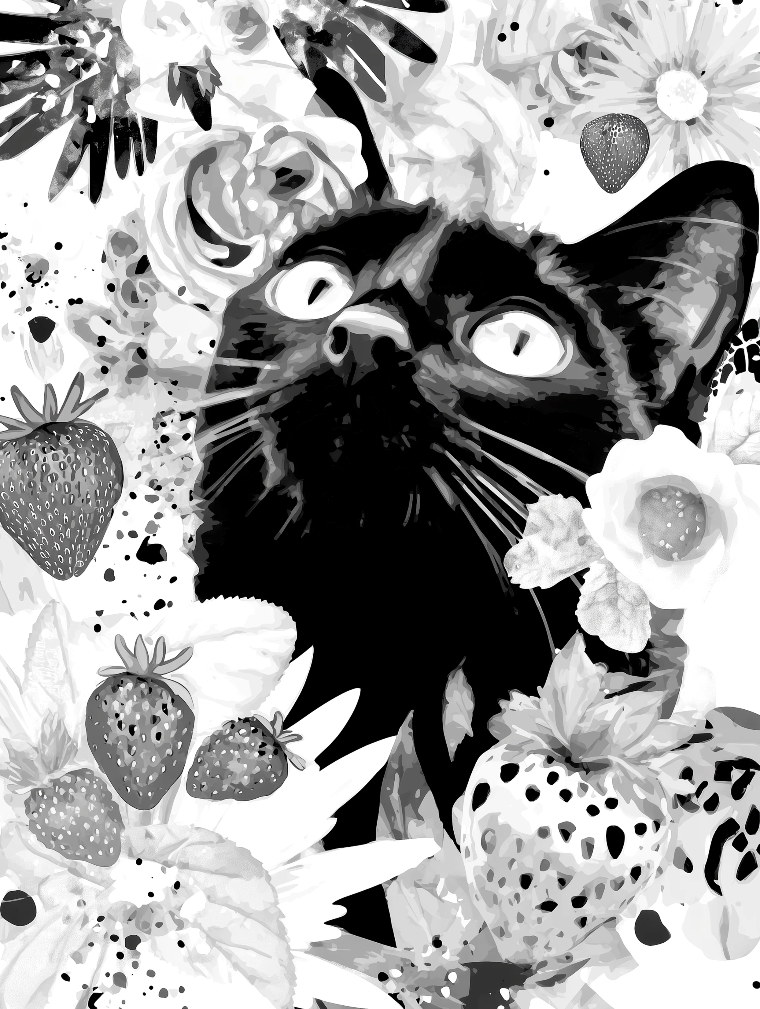 Free printable black cat coloring page for adults featuring face of a black cat with strawberries